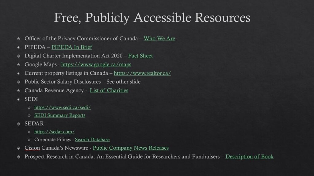 Title: Conducting Prospect Research in Canada (Free Resources) Presenter(s): Andrea Reed